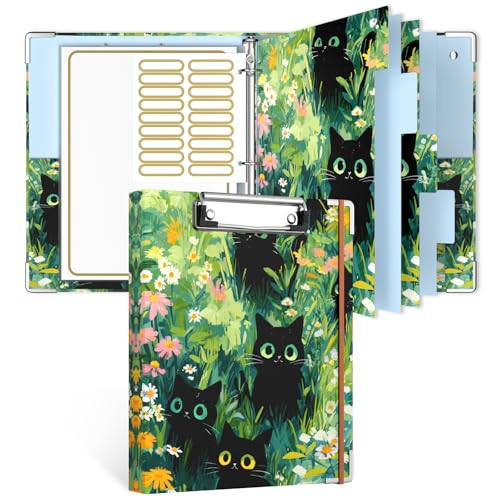 Rouidr Mini 3 Ring Binder with clipboard, 1 inch Round Binder Organizer, 8.5"x5.5" Cute Binder with 5 Dividers Tabs & Clear Sleeves, School Supplies, Office Supplies - color: Black Cats, size: Mini 1in(8.5 x 5.5 in)
