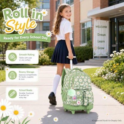 WZLVO 3PCS Roller Backpack, Water Resistance Girls Rolling Bookbag with Wheels, Women Aesthetic Wheeled School Bag, Set with Lunch Bag & Pencil Bag for Teens & Kids - Green Chrysanthemum - color: 3pcs Girls Rolling Backpack - Green Chrysanthemum
