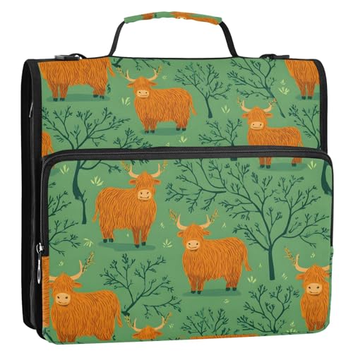 3 Ring Zipper Binder Highland Cow Green Tree Binders Bag with Shoulder Strap 500 Sheets Paper Organizer Trapper Keeper Documents Storage File Folder for School Office - color: A1359
