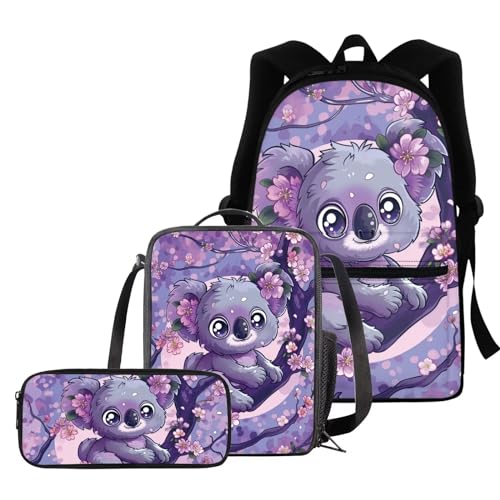 BIGCARJOB Little Girls School Bookbags Cute Kawai Racoon Backpack School Bags with Lunch Box Pen Bags Set for Girls Preschool Large Bookbags Racoon Print School Rucksack Kids Casual Daypack - color: Cute Kawai Racoon, size: One Size