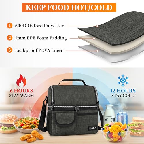 opux Insulated Lunch Bag Women Men, Dual Compartment Leakproof Lunch Box Adults Kids, Double Decker Meal Prep Bento Lunch Cooler Tote with Shoulder Strap for Work Office School Travel, Dark Gray - color: Heather Charcoal