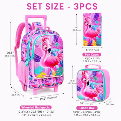 gxtvo Girls Rolling Backpack, Cute Flamingo Roller Wheels Kids Bookbag - Wheeled Elementary School Bag - 3PCS Flamingo - color: Uv Printing Flamingo Pink Rolling Backpack