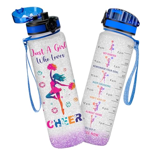Cheerleading Motivation Water Bottle 32oz With Time Marker & Strap, Tritan Plastic Sports Bottle For Gym School Practice, Cheerleader Team Gift - color: Cheer Leader