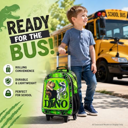 CCJPX 3PCS Dinosaur Kids Rolling Backpack Boys, School Bookbag with Wheels, Travel Roller Wheeled Backpacks for Toddler Elementary-Green - color: Dinosaur Green