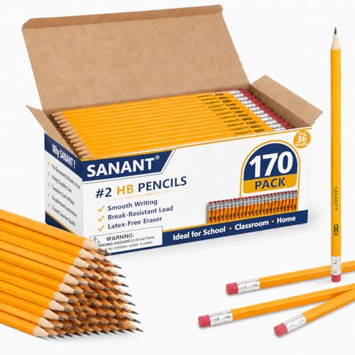 Wood-Cased #2 HB Yellow Pre-Sharpened Pencils with Top Erasers 170 Pack | Pre-Sharpened, HB Lead, Drawing and Sketching, Bulk Yellow Pencils for Classroom School Teacher Supplies, Back to School