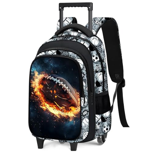 Boys Rolling Backpack for Kids - American Football Kids Rolling Backpack with Wheels for Elementary Middle School Students - Roller School Bookbag Aged 6-18, Wheeled Travel Bag Large Capacity - color: Football-002-backpack Only