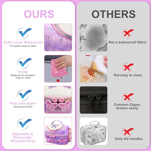 RHCPFOVR Kids Lunch Bag - Double - Decker Cooler Insulated Lunch Box for Boys Girls Women,Washable Lunch Bag with Strap and Reusable Toddler Lunchbox for School and Daycare - color: Purple Butterfly 1