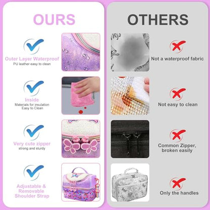 RHCPFOVR Kids Lunch Bag - Double - Decker Cooler Insulated Lunch Box for Boys Girls Women,Washable Lunch Bag with Strap and Reusable Toddler Lunchbox for School and Daycare - color: Purple Butterfly 1
