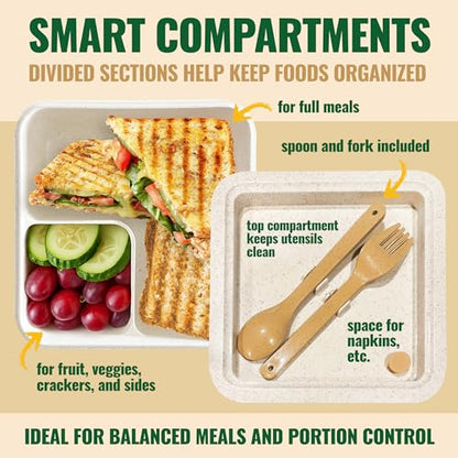 GreenLunch Bento Lunch Box for Kids, Large 2-Compartment, Durable and Microwave Safe, BPA-Free with Utensils, Wheat Straw Snack Containers for Kids – Beige - color: Natural