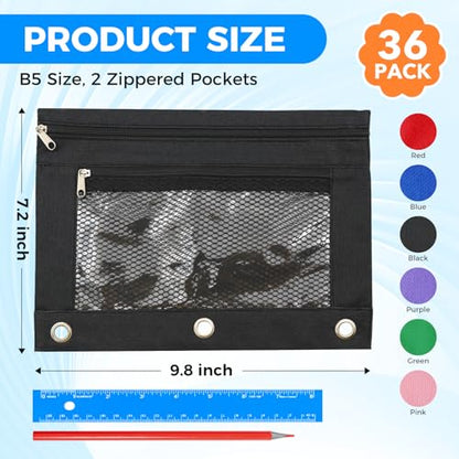 36Pcs Pencil Pouch for 3 Ring Binder - Pen Case 3 Hole Pencil Pouch Zipper Bag Holder Bulk Accessories Clear Window Aesthetic Organizer Pockets