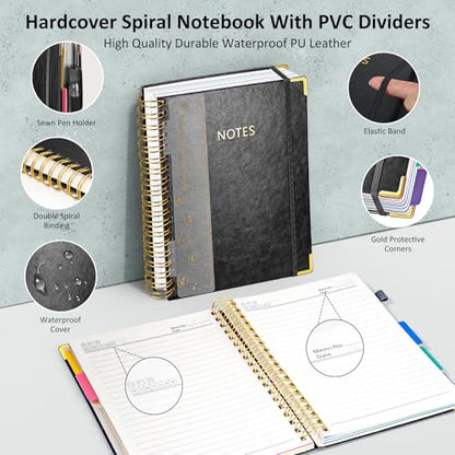Hardcover Spiral Notebook Journal with Removable PVC Dividers - 8'' x 10'' Large 100 GSM Paper B5 Notebooks with Tabs, 300 Pages Leather 5 Subject Notebook College Ruled for Work School Notes, Black - color: Black