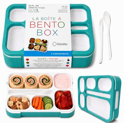 kinsho Bento Box Lunch-Box Containers for Kids, Adults | 6 Compartment Lunch-Boxes | Leakproof School Bentobox, Snack or Meal Portion Container | BPA-Free, Teal - color: Teal