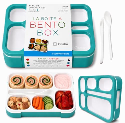 kinsho Bento Box Lunch-Box Containers for Kids, Adults | 6 Compartment Lunch-Boxes | Leakproof School Bentobox, Snack or Meal Portion Container | BPA-Free, Teal - color: Teal