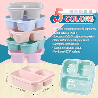 Honeydak 5 Pack Snack Containers 3 Compartment Bento Snack Boxes Divided Meal Prep Containers with Lids Reusable Adults Lunch Food Storage Box for School Work Travel(Macaroon) - color: Macaroon