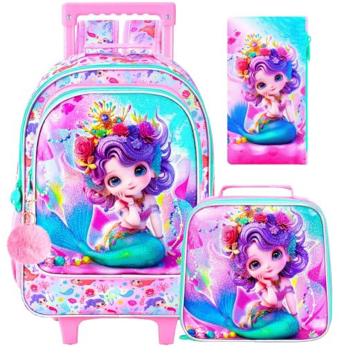 3Pcs Mermaid Rolling Backpack for Girls, Kids School Backpacks with Wheels, Roller Bookbag with Lunch Box for Elementary Preschool(Pink) - color: Mermaid Pink02