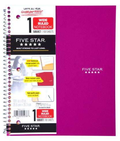 Five Star Spiral Notebook, 1 Subject, Wide Ruled Paper, 100 Sheets, 10-1/2" x 8" Sheet Size, Royal Purple (38735) - color: Berry