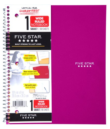 Five Star Spiral Notebook, 1 Subject, Wide Ruled Paper, 100 Sheets, 10-1/2" x 8" Sheet Size, Royal Purple (38735) - color: Berry