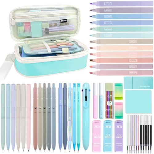 54pcs Aesthetic School Supplies Cute Stationary Set with Pencil Case 12 Highlighters, 5 Black & 6 Color Ink Gel Pens, 6-in-1 Ballpoint Pen,5 Mechanical Pencils 0.5-2.0mm for College Essentials (Blue) - color: Blue