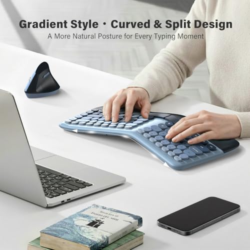MOFII Wireless Ergonomic Keyboard & Mouse Combo – Split Curved Keyboard with Wrist Rest (All-Day Comfort) + Wireless Vertical Ergonomic Optical Mouse, Compatible with PC/Laptop/Desktop- Blue Gradient - color: Blue Gradient