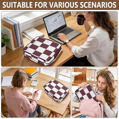 Zippered Portfolio Binder with 3-Ring & 7-Pocket Expanding File, Maroon White Check Pattern High Capacity Lesson Plan Organizer, Water-Repellent Document Case
