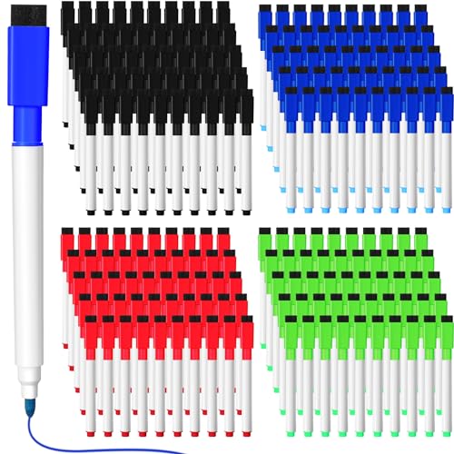 Kosiz 200 Pcs Magnetic Dry Erase Markers Fine Point Tip Whiteboard Markers with Eraser Cap Magnetic Dry Erase Pens Erasable Pens for Whiteboard Dry Boards(Black, Red, Blue, Green) - color: Black, Red, Blue, Green