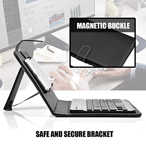 Portable Bluetooth Keyboard with Leather Case Cover with for 4.5''-6.8'' iOS, Android and Windows Smart Phones, Detachable with Kickstand - color: Black