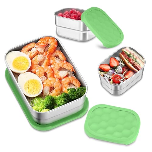 HaWare Stainless Steel Lunch Box Containers for Kids, Leak Proof Food Storage Containers with Green Silicone Lids, Easy Open Bento Box for School and Daycare, Portable Metal Snack Box (8oz*2+25oz) - color: Green, size: 8oz×2+25oz×1