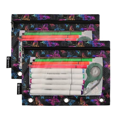 Binder Pencil Pouches Neon Color Butterflies Pen Case | Clear Window 3 Rings, Cosmetic Bags School Office Supplies Cosmetic Makeup Bag 2 Psc - color: Neon Color Butterflies