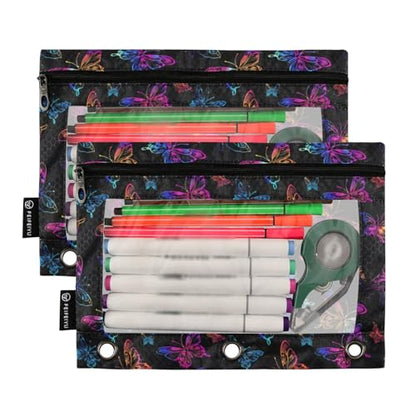 Binder Pencil Pouches Neon Color Butterflies Pen Case | Clear Window 3 Rings, Cosmetic Bags School Office Supplies Cosmetic Makeup Bag 2 Psc - color: Neon Color Butterflies