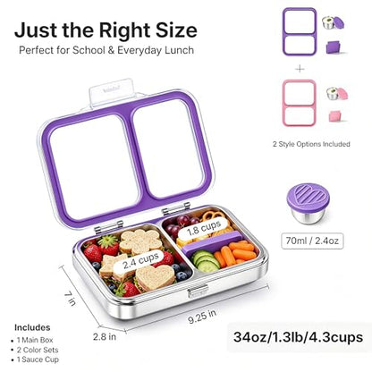 Leak-Resistant 18/8 Stainless Steel Bento Lunch Box Kids 7+ and Adults | 2 Swappable Style Accessories, BPA-Free Tritan Lid, Dishwasher Safe, School, Office & Travel - color: Purple