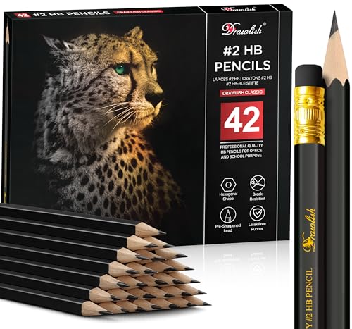 Drawlish Pre Sharpened Pencils #2, Wood-Cased Lead Pencils for Kids, 42 Count, Black HB, Eraser Top, School & Art Use
