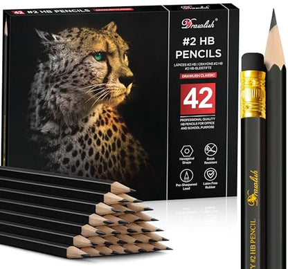 Drawlish Pre Sharpened Pencils #2, Wood-Cased Lead Pencils for Kids, 42 Count, Black HB, Eraser Top, School & Art Use