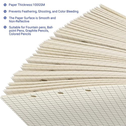 Beige A6 6-Hole Grid-Ruled Loose Leaf Refill Paper(Pre-Punched)-Fits A6 6-Ring Binder, 100GSM Thick No Bleed-through Sheets, Double Sided Writing for Fountain Pen & Gel Pen - size: Grid-A6