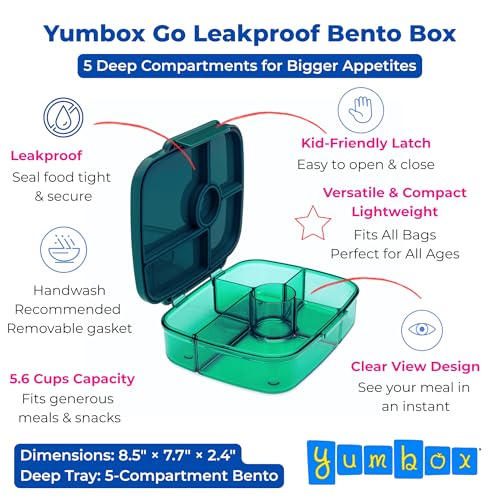 Yumbox Go Leakproof Bento Lunch Box for Kids, Teens & Adults (Lima Green) | 5-Compartment Large Bento Box, Lightweight, Deep Tray, Removeable Gasket, Easy Open Latch - color: Lima Green