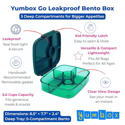 Yumbox Go Leakproof Bento Lunch Box for Kids, Teens & Adults (Lima Green) | 5-Compartment Large Bento Box, Lightweight, Deep Tray, Removeable Gasket, Easy Open Latch - color: Lima Green