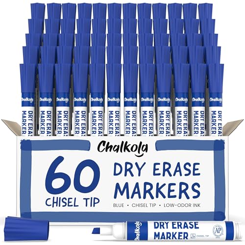 Chalkola 60 Blue Dry Erase Markers Bulk Pack, Low Odor Whiteboard Markers | Blue Chisel Point White Dry Erase Pens for Kids, Home, Office, Back to School Supplies - color: Blue, size: Chisel Tip