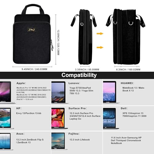 ZINZ Laptop Case 12.9 13 Shoulder Bag, Expandable Handbag with Valuables Compartment Compatible with MacBook Air/Pro/Neo 13" M5/M4/M3/M2/M1, iPad 12.9/13/11, Water-Resistant & Shockproof,B01K01 - color: B01k01, size: 13"