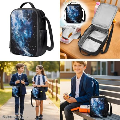 Blue Galaxy Wolf Backpack for Boys Girls Kids Backpack with Lunch Box Water Bottle Pouch and Zipper Pencil Case 4PCS Set Bookbag with Pockets for School 17 inch Large School Bag - color: Blue Wolf