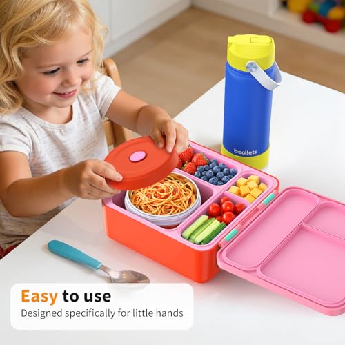 Bento Box for Kids, Lunch Box with Sticker and Leak-Proof Vacuum Food Jar, 4 Compartment BPA-Free Toddler Bento Box for School, Machine-Washable and Removable Compartments for Boy(Pink) - color: Pink