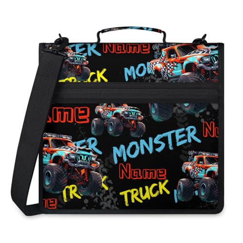 Custom Monster Truck Car 3 Ring Binder with Zipper, Personalized Name Large Capacity File Folder, Multiple Pockets & Storage Organizer - color: Black Blue Red
