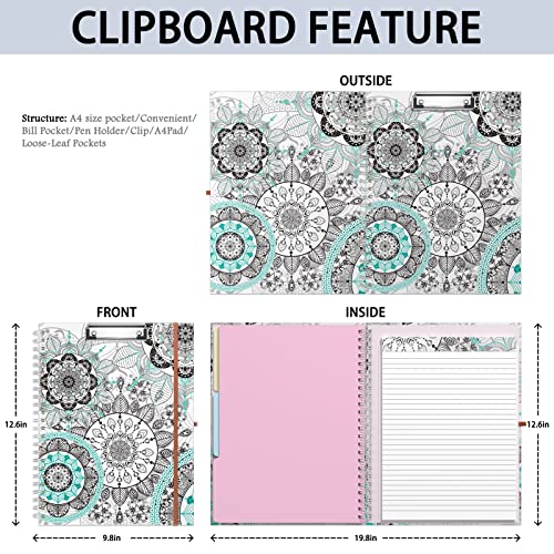 Rimilak Spiral Clipboard Folio with Refillable Lined Notepad, 14.5 x 9.8 In, Hardcover Cover with 5 Interior Pockets, Elastic Band and Pen Loop Series. Cute Stylish Clipfolio, Mandala Flower - color: Mandala Flower