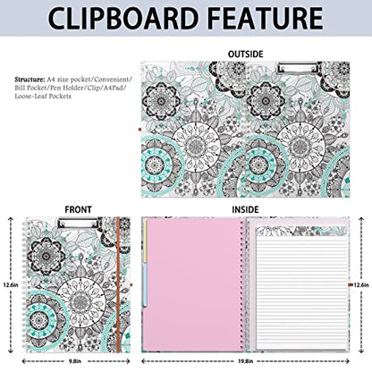 Rimilak Spiral Clipboard Folio with Refillable Lined Notepad, 14.5 x 9.8 In, Hardcover Cover with 5 Interior Pockets, Elastic Band and Pen Loop Series. Cute Stylish Clipfolio, Mandala Flower - color: Mandala Flower