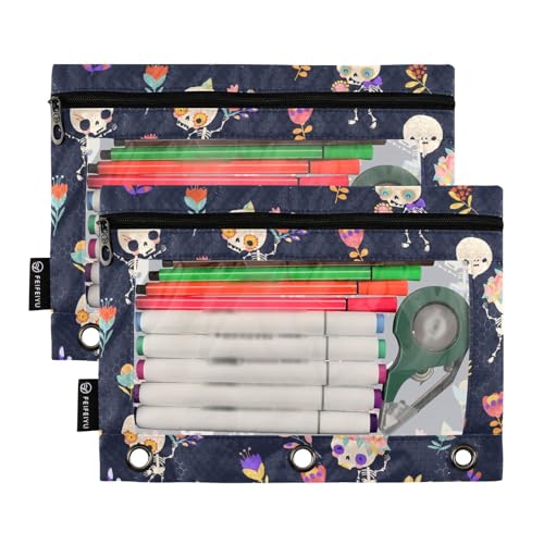 ZAZYXTJ Skull Binder Pencil Pouchs 3 Ring with Zipper Clear Window | Office Organizers bag for School Students Teacher Supplies 2 Pack - color: Skull