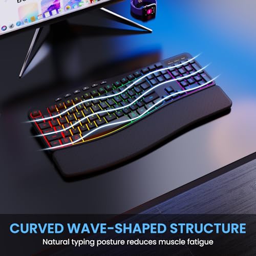 COLIKES Ergonomic Wireless Keyboard and Mouse Silent, Rechargeable Wave Keyboard with 15 Lighting RGB Backlit Effects, Soft Leather Wrist Rest, 3200 DPI Mouse for PC Computer Laptop Windows Mac