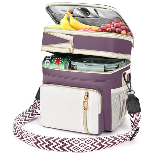 LOKASS Lunch Box & Lunch Bag for Women Men Double Deck, Large Insulated Adult Lunch Box Leakproof Lunchbox Cooler Bag for Work Picnic Beach,（Dark Pink 16L） - color: Dark Pink