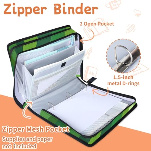 Green Stripe Zipper Binder, 3 D-Ring Expanding File Folder with Handle & Adjustable Shoulder Strap, 400 Sheets Capacity Multi-Pocket Organizer for 13 Inch Laptop - color: Green Stripe