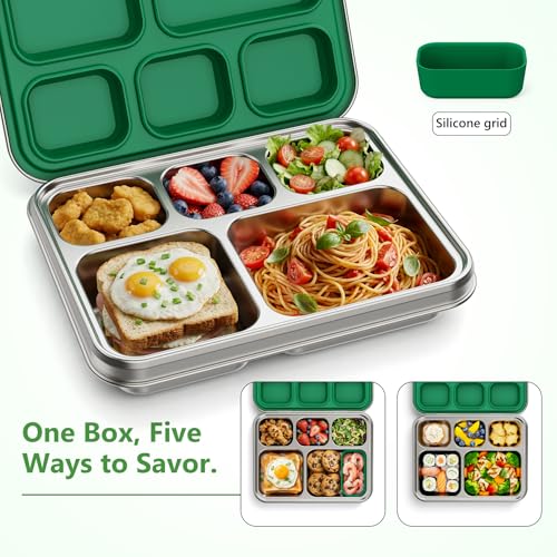 Pawtong Stainless Steel Lunch Box, 5-Compartment Bento Lunch Box for Kids & Adults,Metal Lunch Box with Removable Silicone Container, Lunch Box Containers for School,Office(Green) - color: Green