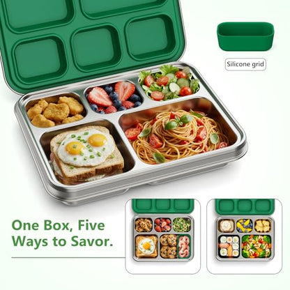 Pawtong Stainless Steel Lunch Box, 5-Compartment Bento Lunch Box for Kids & Adults,Metal Lunch Box with Removable Silicone Container, Lunch Box Containers for School,Office(Green) - color: Green