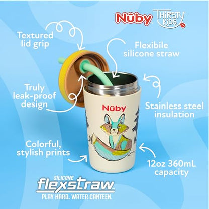 Nuby Thirsty Kids Insulated Toddler Cup with Silicone Flexstraw - 12 oz - Stainless Steel and Leak-Resistant - 18+ Months - Fox - color: Forest Fox