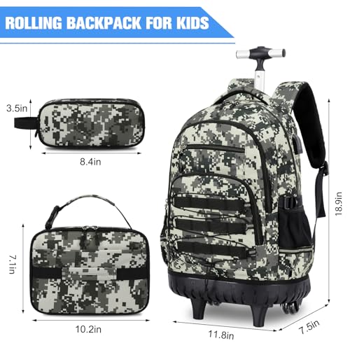 ACESAK Camo Rolling Backpack Boys, Tactical Kids Backpack Boys, Kids Suitcase for Boy Teens Elementary Middle High School, Military Backpack with Wheels and Lunch Bag Pencil Case Set (Camo Green) - color: Camo Green